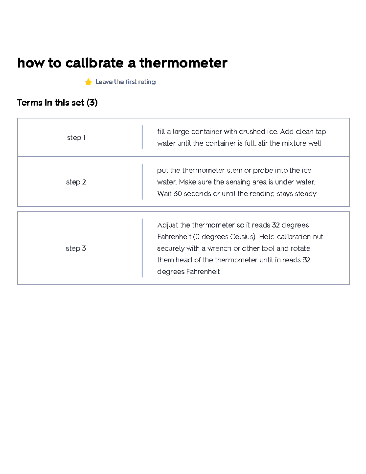 How to calibrate a thermometer Flashcards Quizlet how to calibrate a