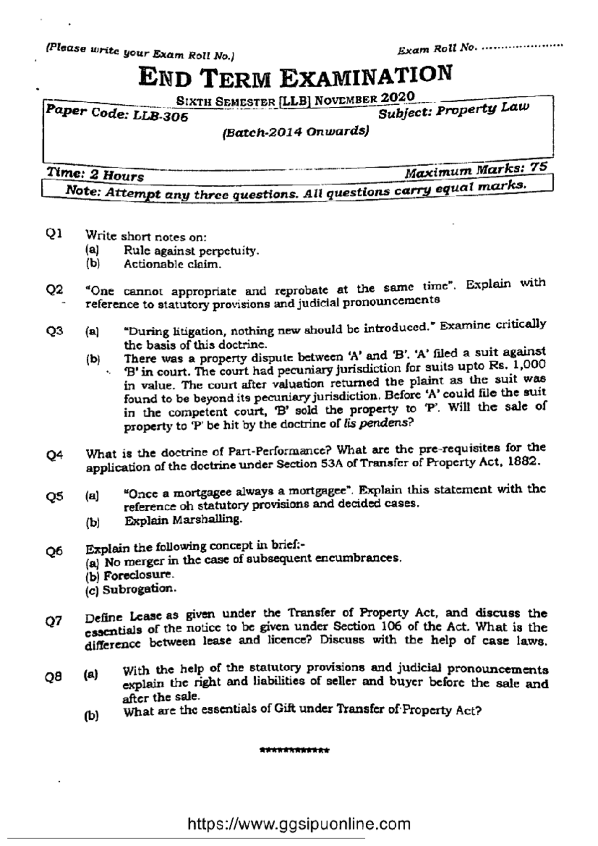 Property law llb 306 2020 - Bachelor of Law (DU LLB Entrance Exam NOTES ...