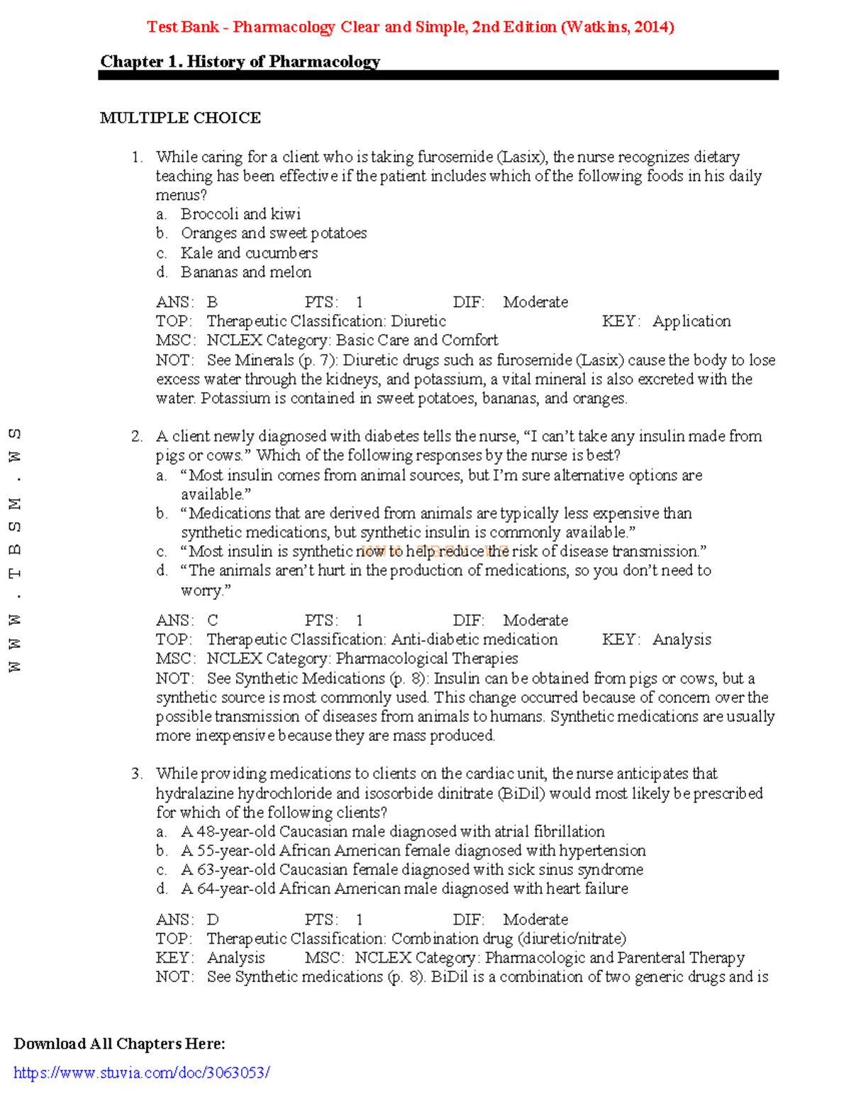 Test Bank - Pharmacology Clear and Simple, 2nd Edition (Watkins, 2014 ...