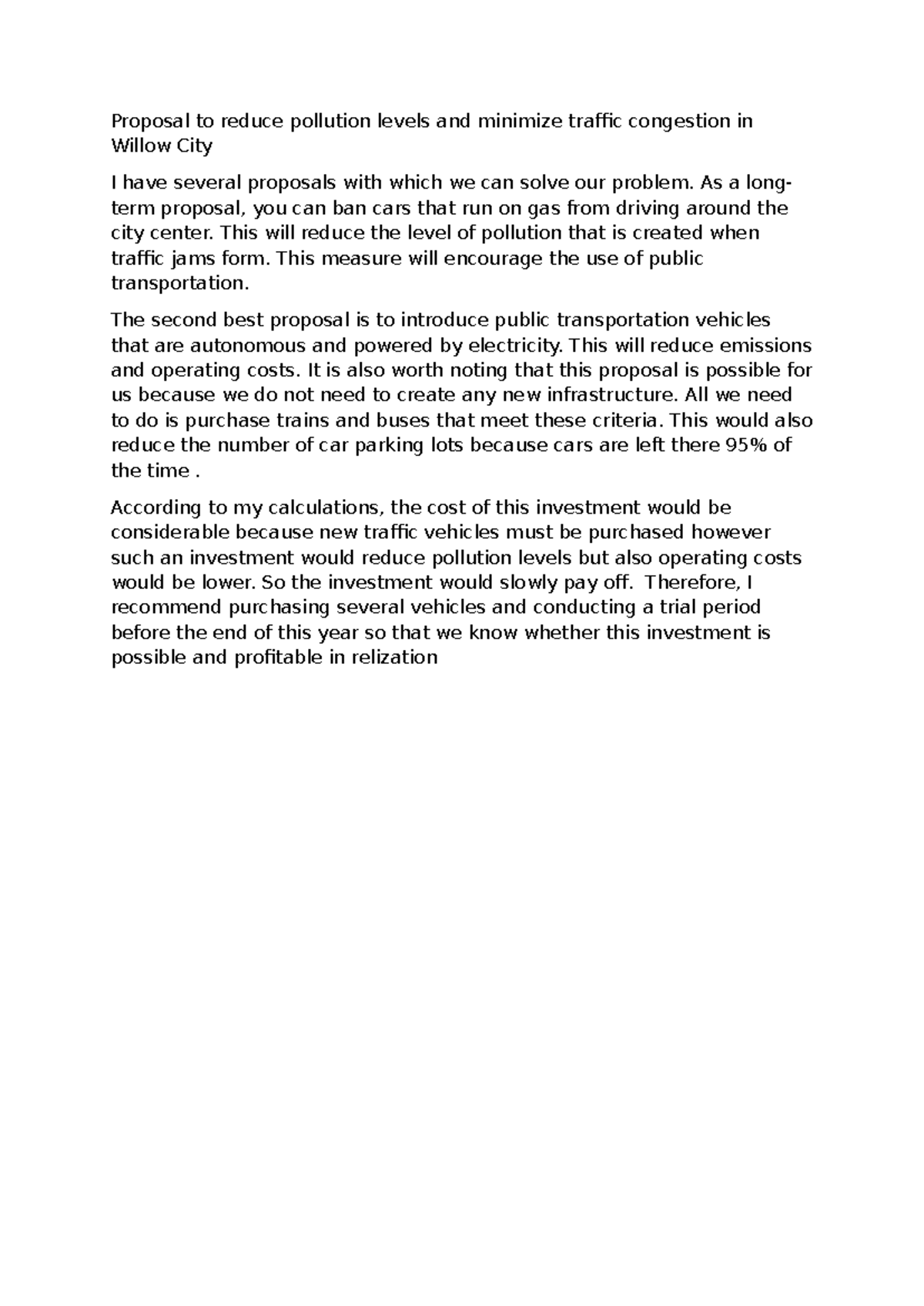 Proposal to reduce pollution levels and minimize traffic congestion in ...