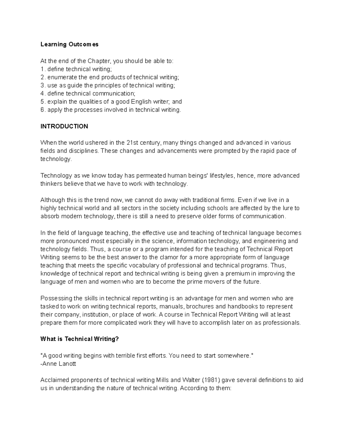 TW Chapter 1 Lesson 1 - Learning Outcomes At the end of the Chapter ...