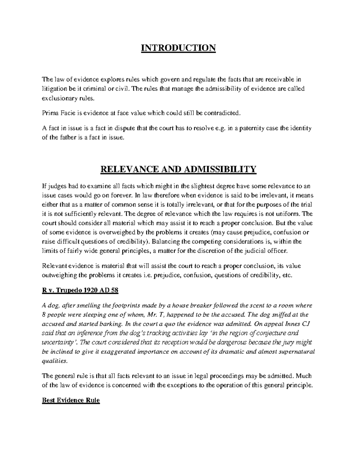 Law Of Evidence Notes - INTRODUCTION The Law Of Evidence Explores Rules ...