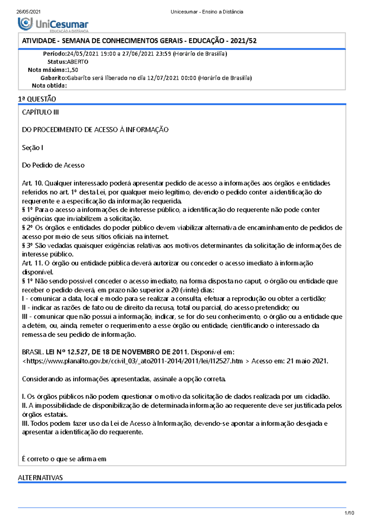 ATIVIDADE - SEMANA DE CONHECIMENTOS GERAIS - 51/2022, Exámenes  Planificación y Gestión de la Educación