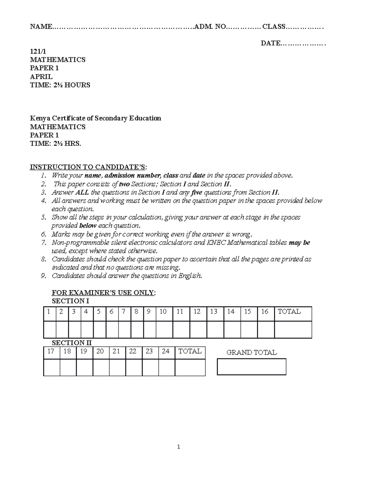 Mathematics F4 Paper 1 Q Paper 2019 - - Studocu