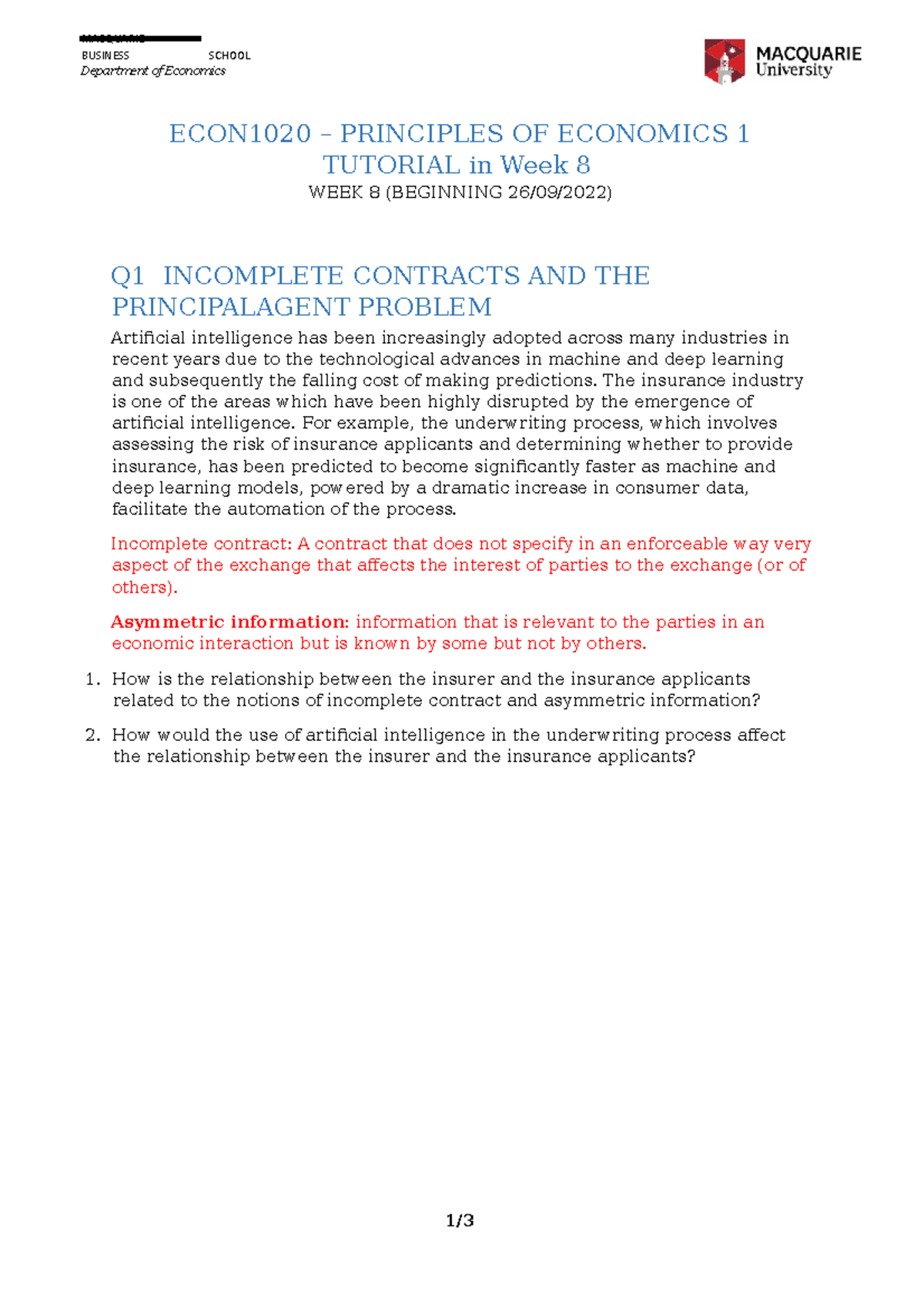 Week 8 questions - MACQUARIE BUSINESS SCHOOL Department of Economics ...