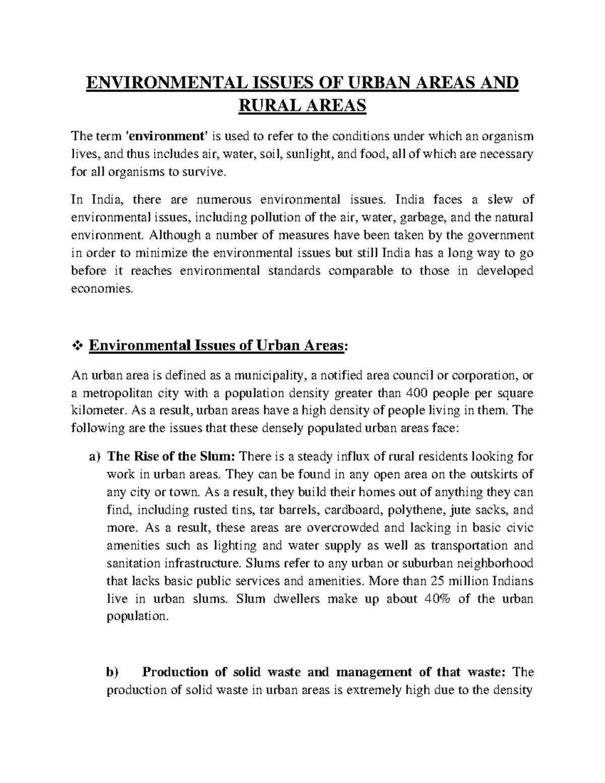 Major Environmental Issues Of Urban Areas AND Rural Areas
