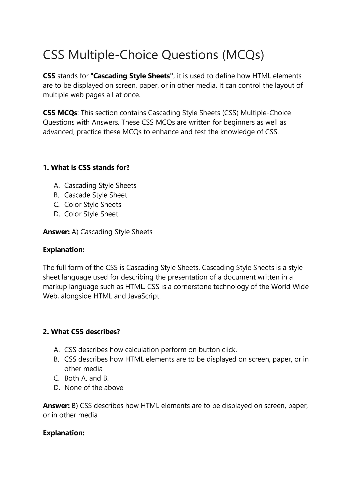 Web Tech Practice Mcqs - CSS Multiple-Choice Questions (MCQs) CSS ...