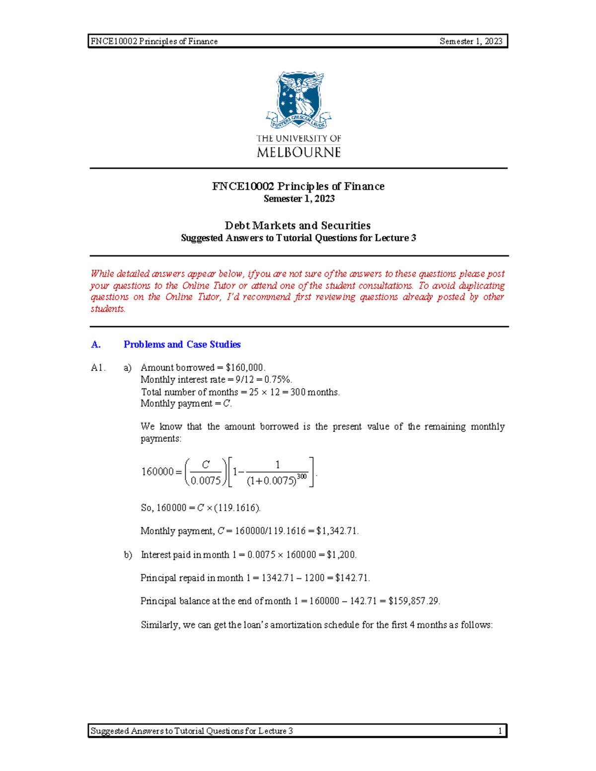 Tutorial 03 - Debt Val - Ans - FNCE10002 Principles of Finance Semester ...