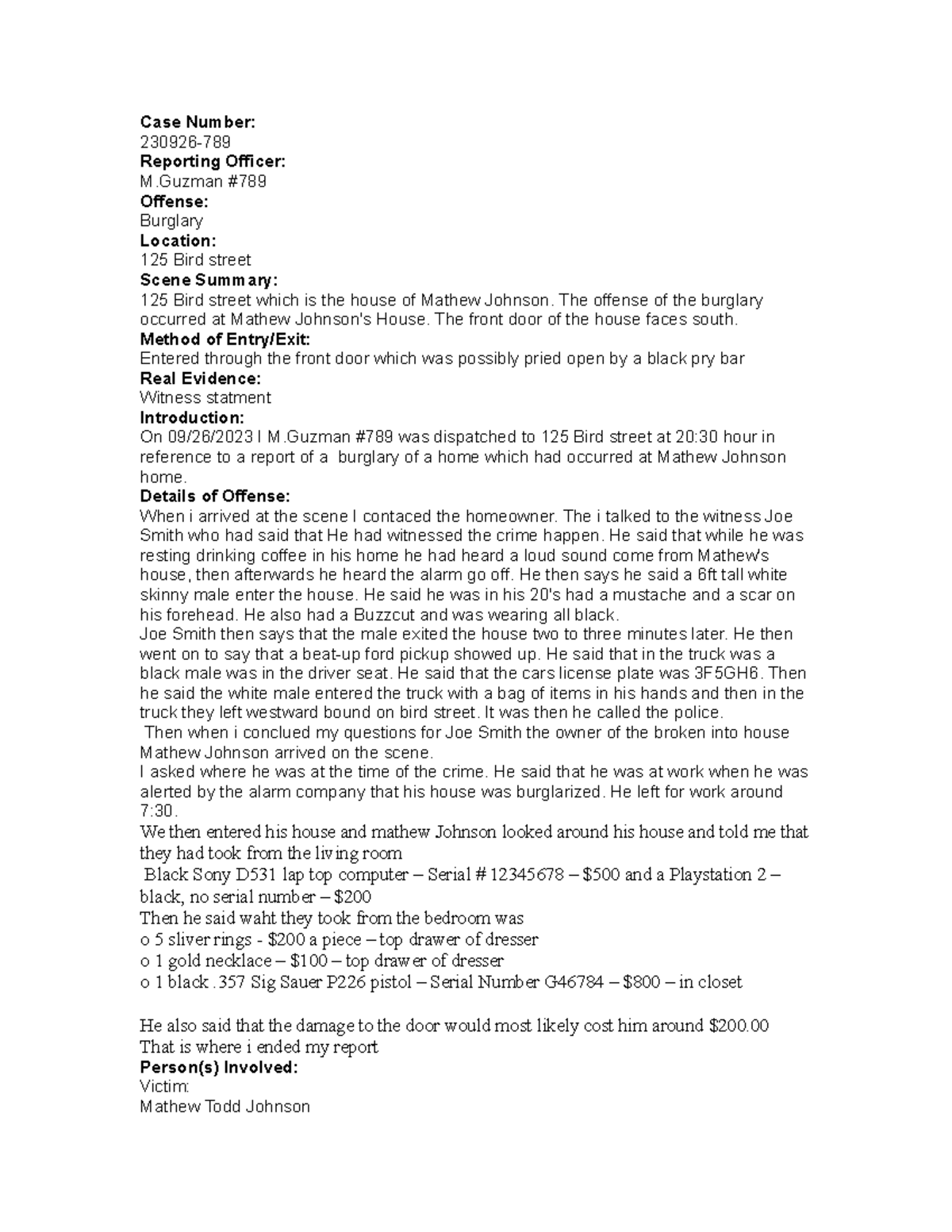 Template1 field report Case Number 230926 Reporting Officer M