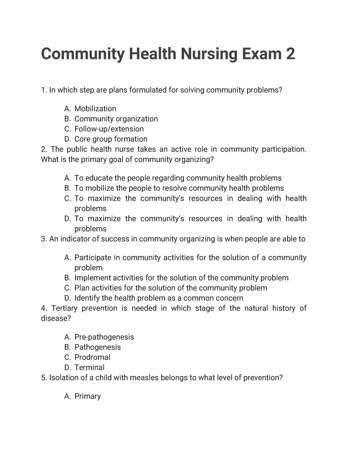 522645715 Community Health Nursing Exam 2 - Community Health Nursing ...