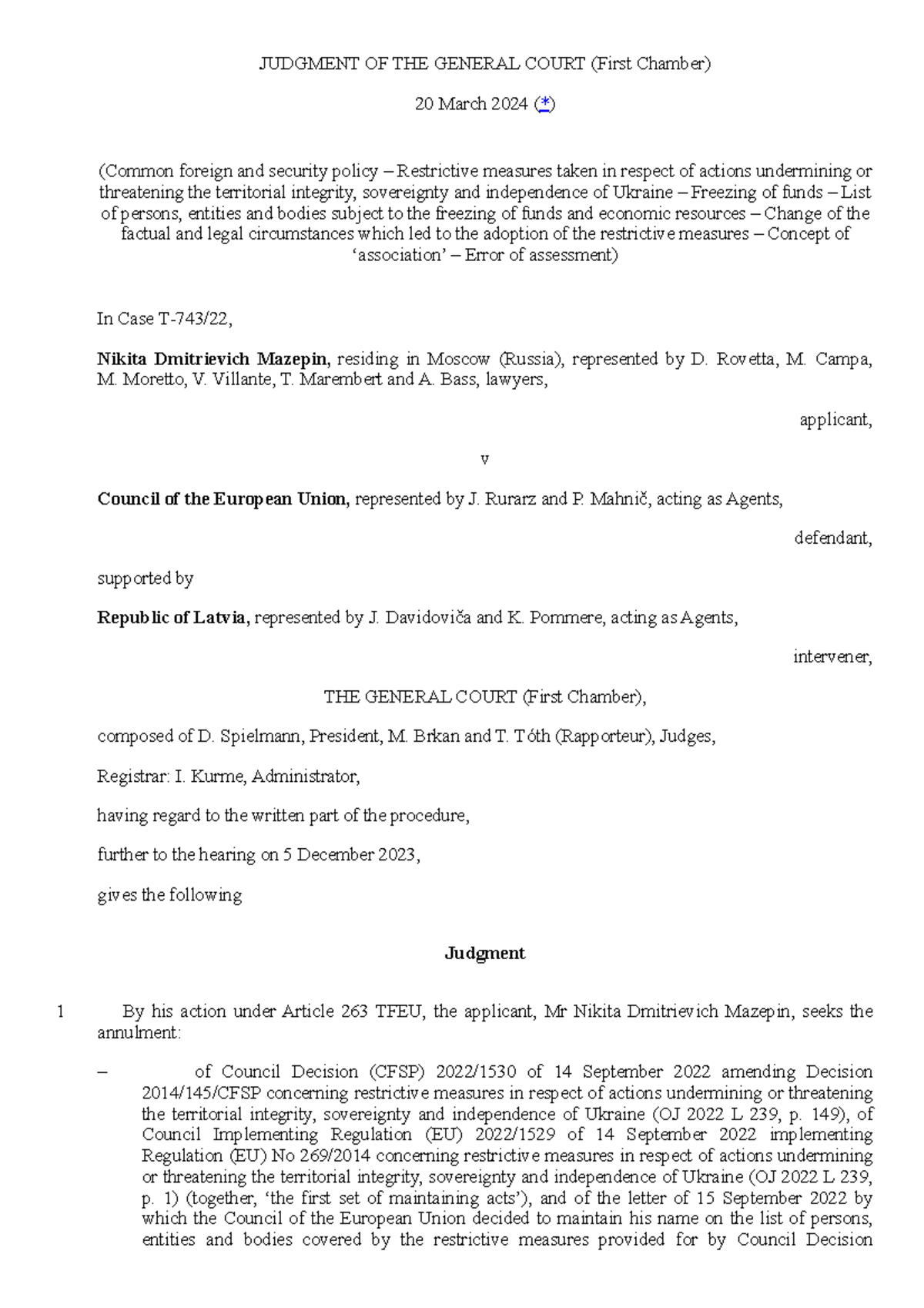 Mazepin - case EU COURT - JUDGMENT OF THE GENERAL COURT (First Chamber ...