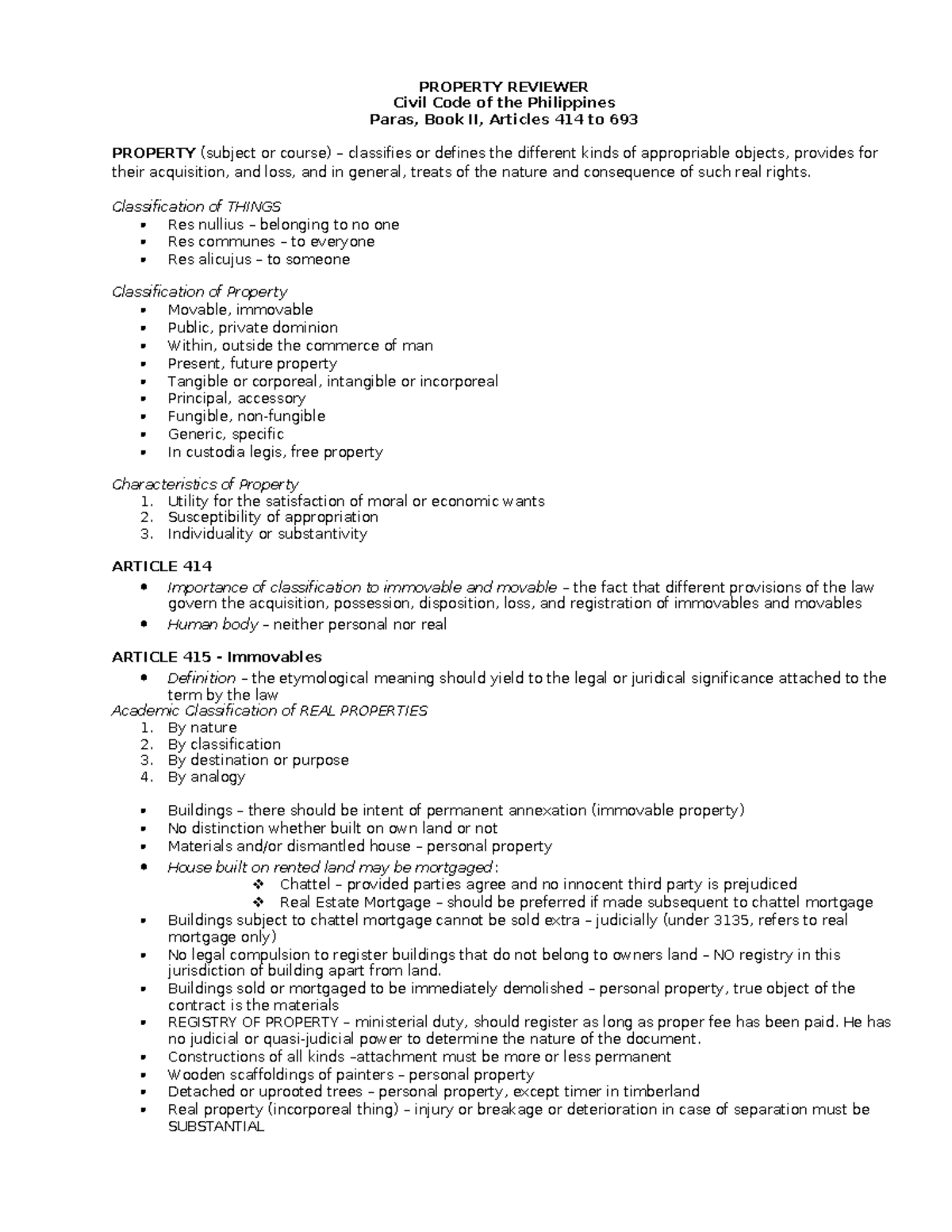 240141015 Property Paras Summarized - PROPERTY REVIEWER Civil Code of ...