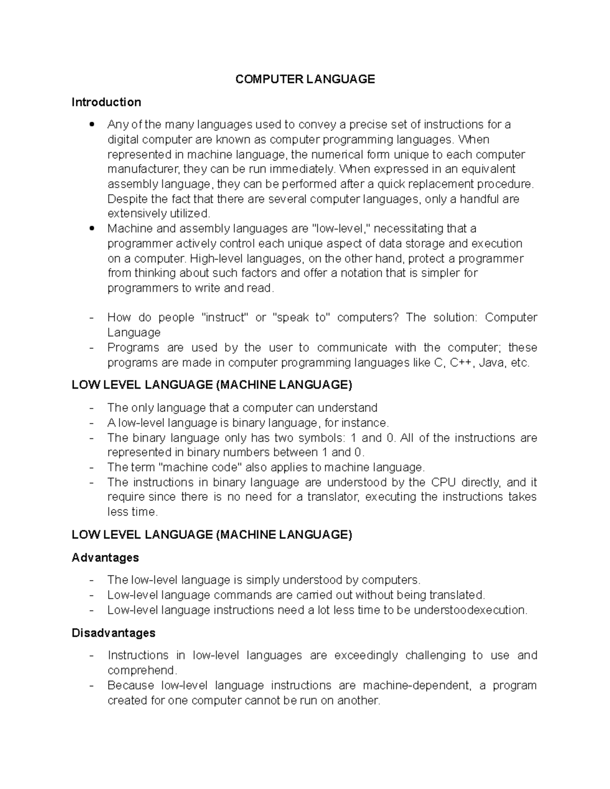 Computer Language - COMPUTER LANGUAGE Introduction Any of the many ...