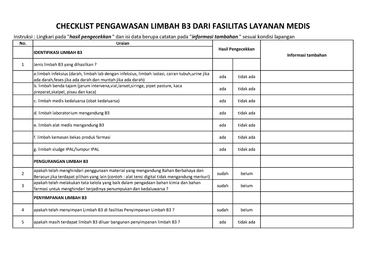 Checklist Pengawasan Limbah B3 Infeksius DARI Layanan Medis - No ...