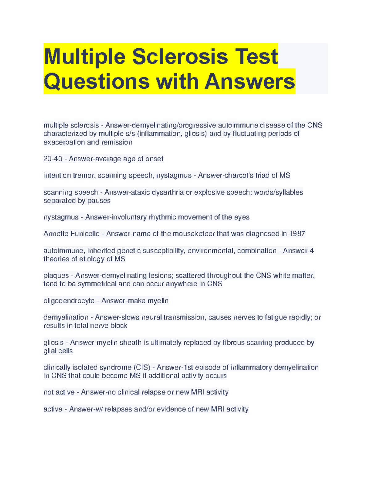 Multiple Sclerosis Test Questions with Answers - Multiple Sclerosis ...