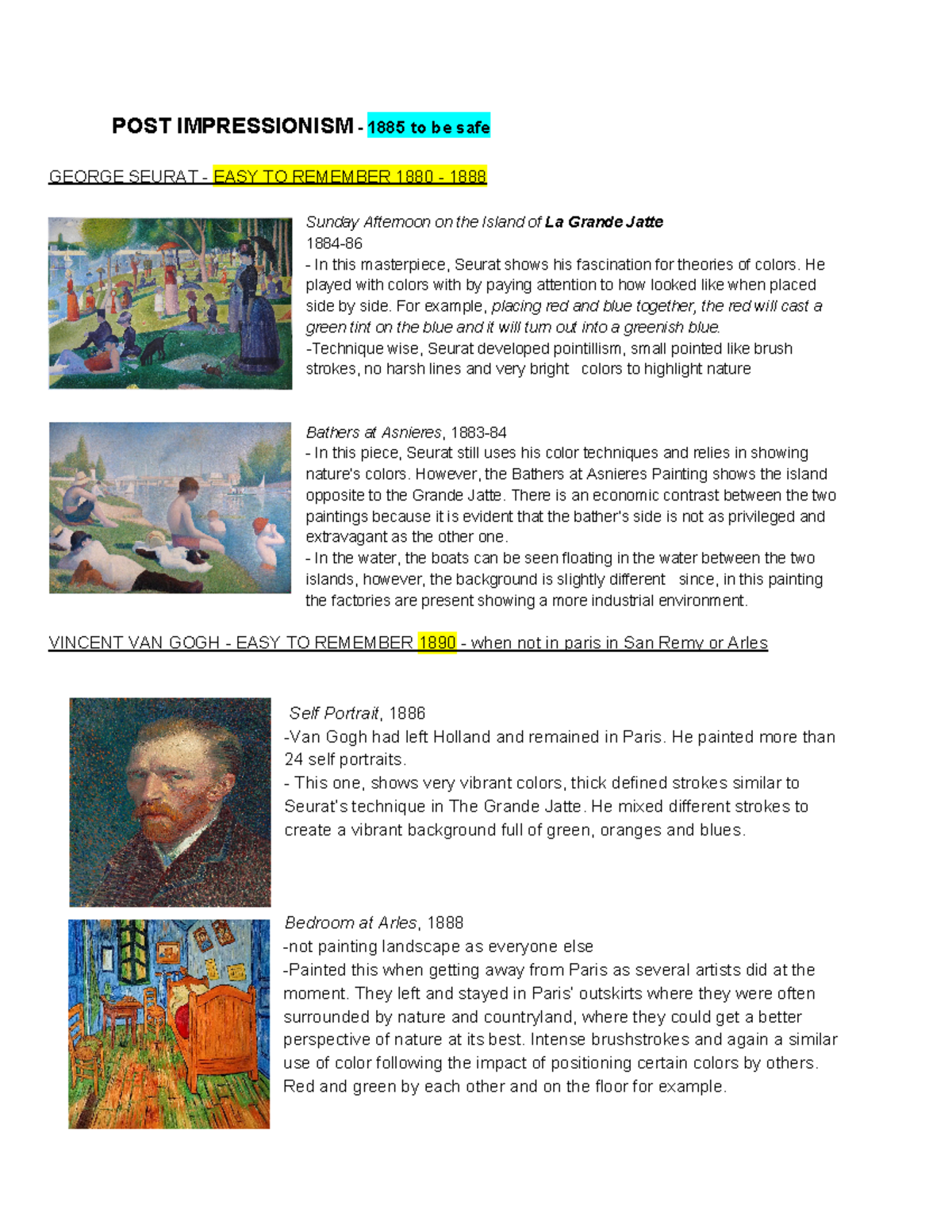 EXAM 1 Modern ART History POST to be safe SEURAT TO REMEMBER