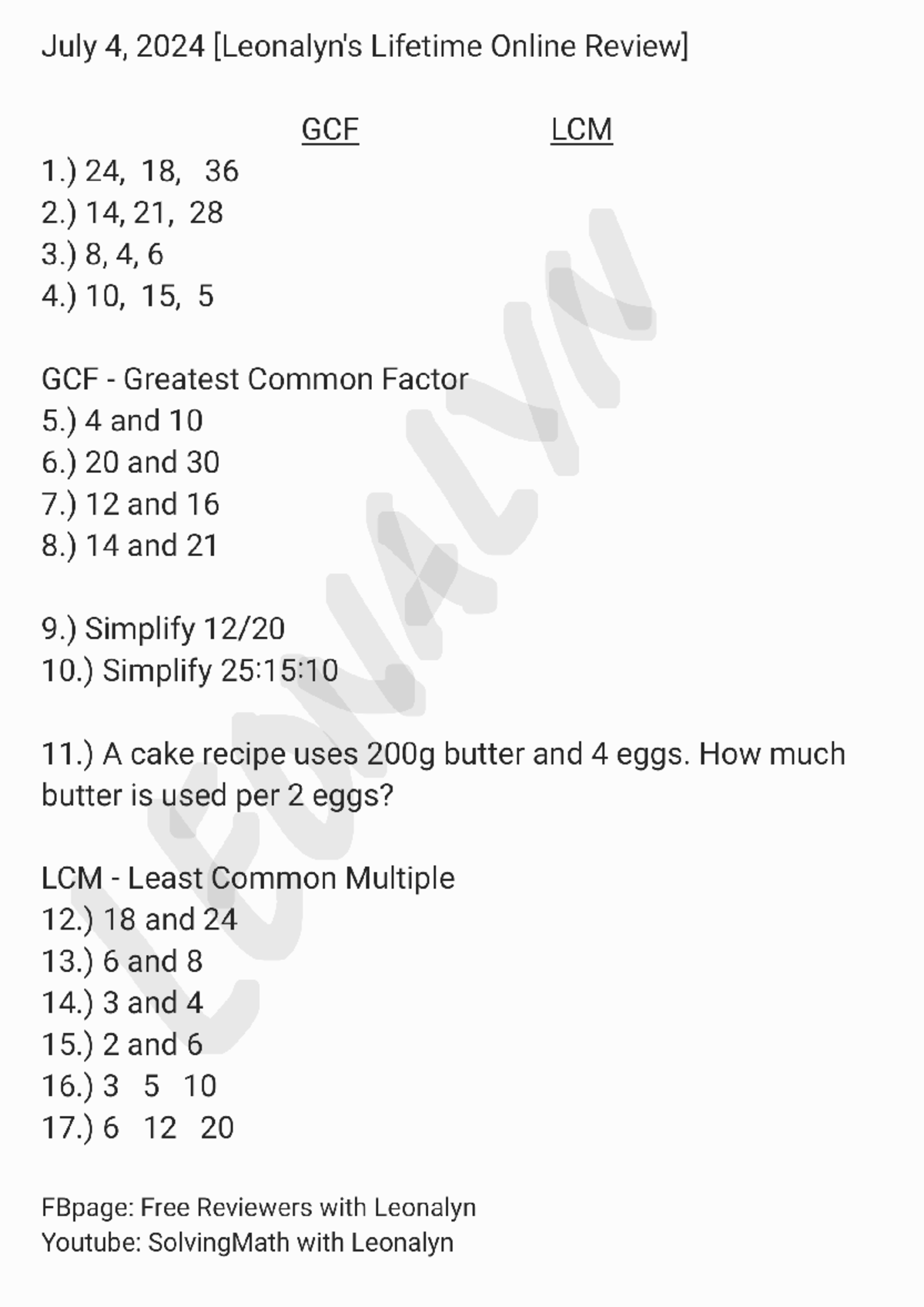 4July GCF, LCD, LCM CSE Style - July 4, 2024 Lifetime Online GCF LCM 1