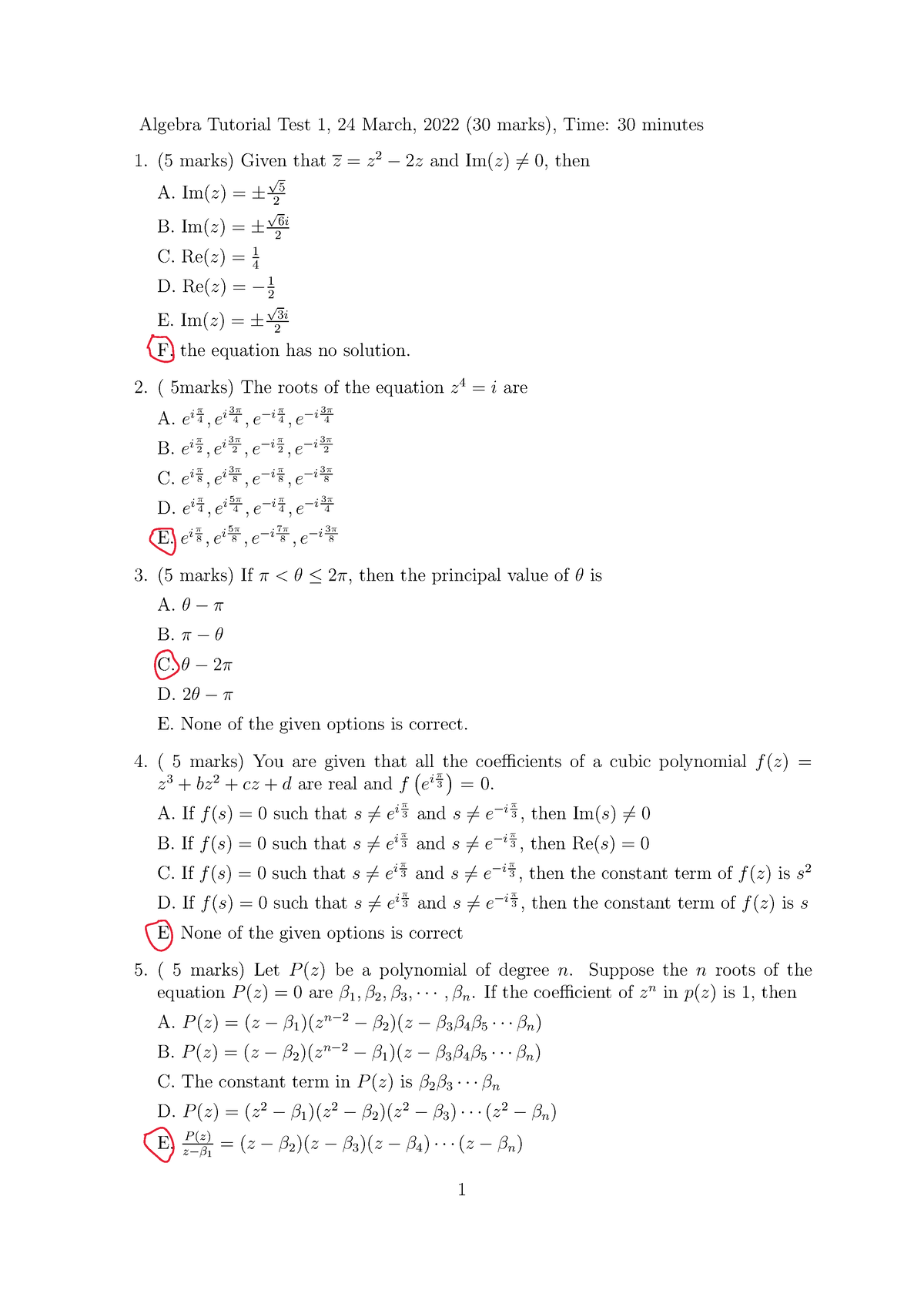 Algebra Tutorial Test 1-Memo- 2022 - Algebra Tutorial Test 1, 24 March ...