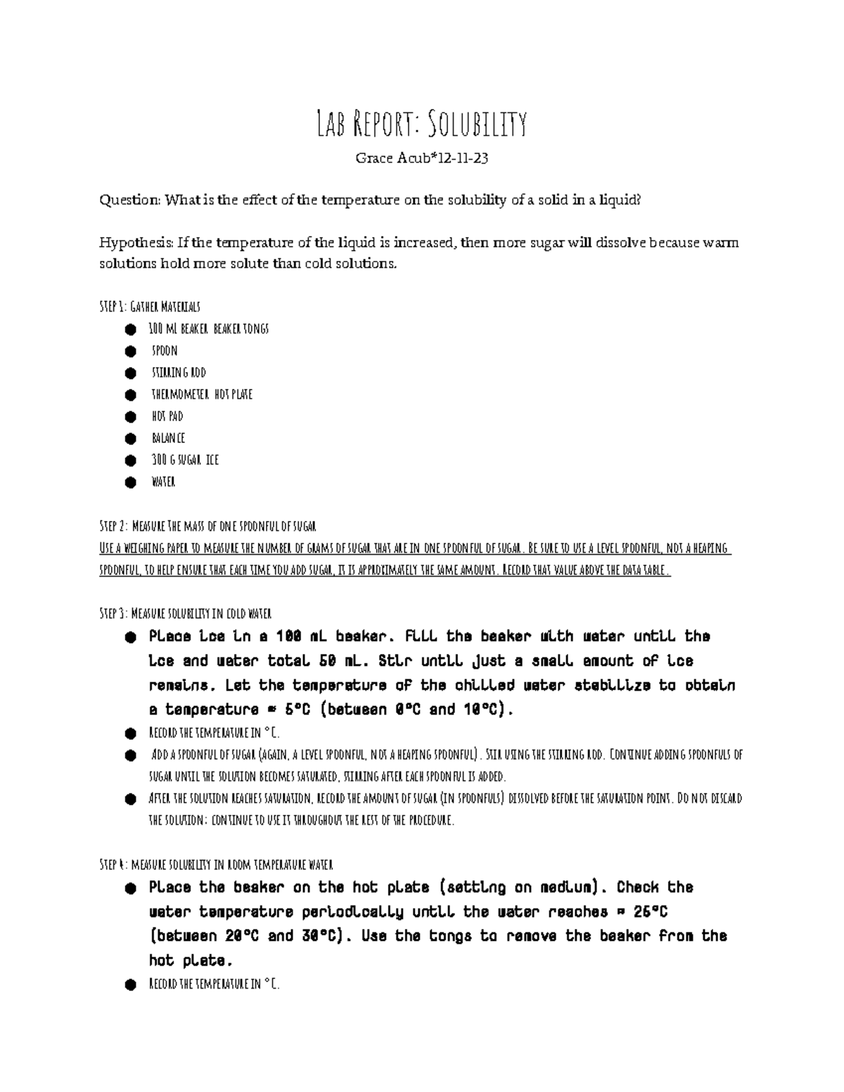 Lab Solubility Lab Report Solubility Grace Acub*1211 Question