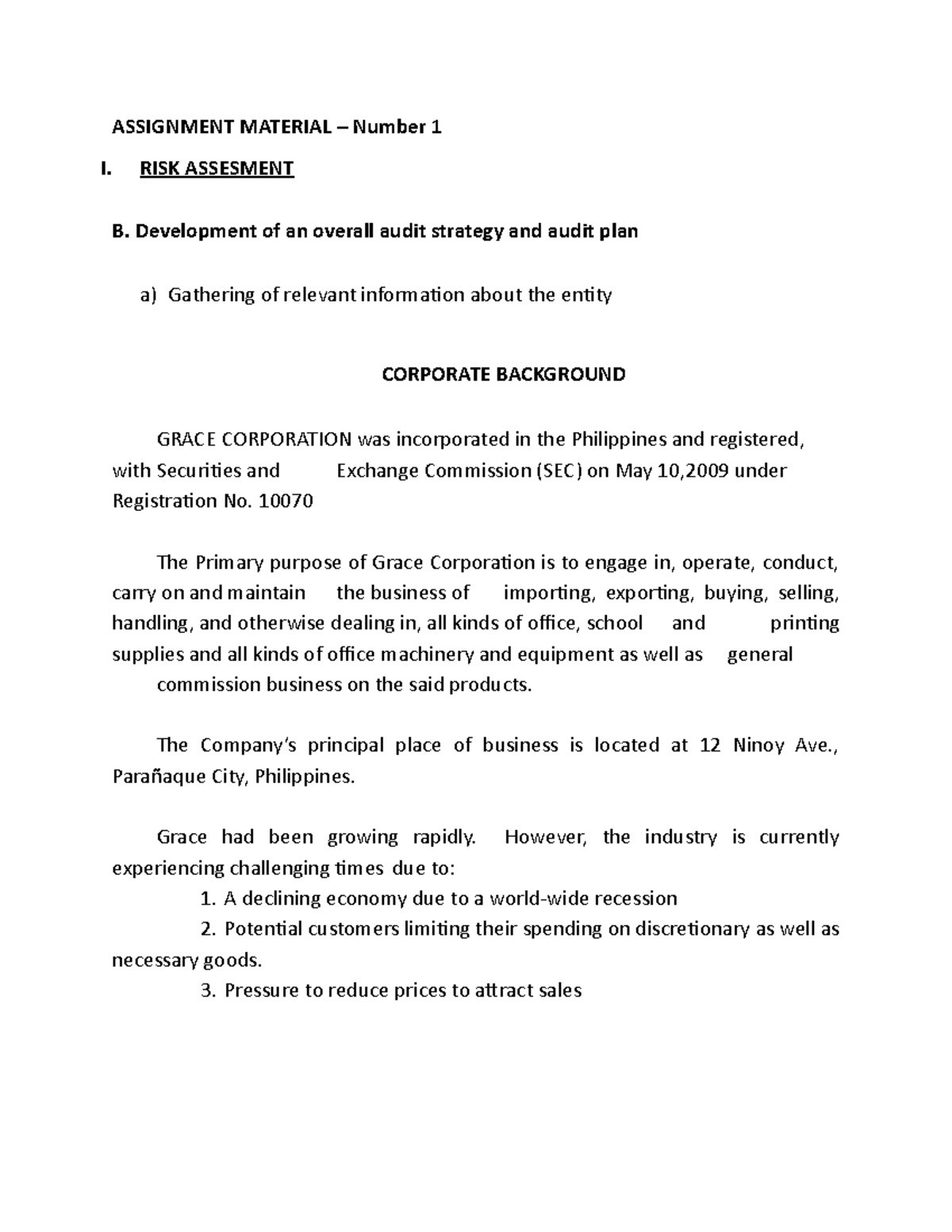 Risk Assessment B - Coursework For Accounting - Assignment Material 