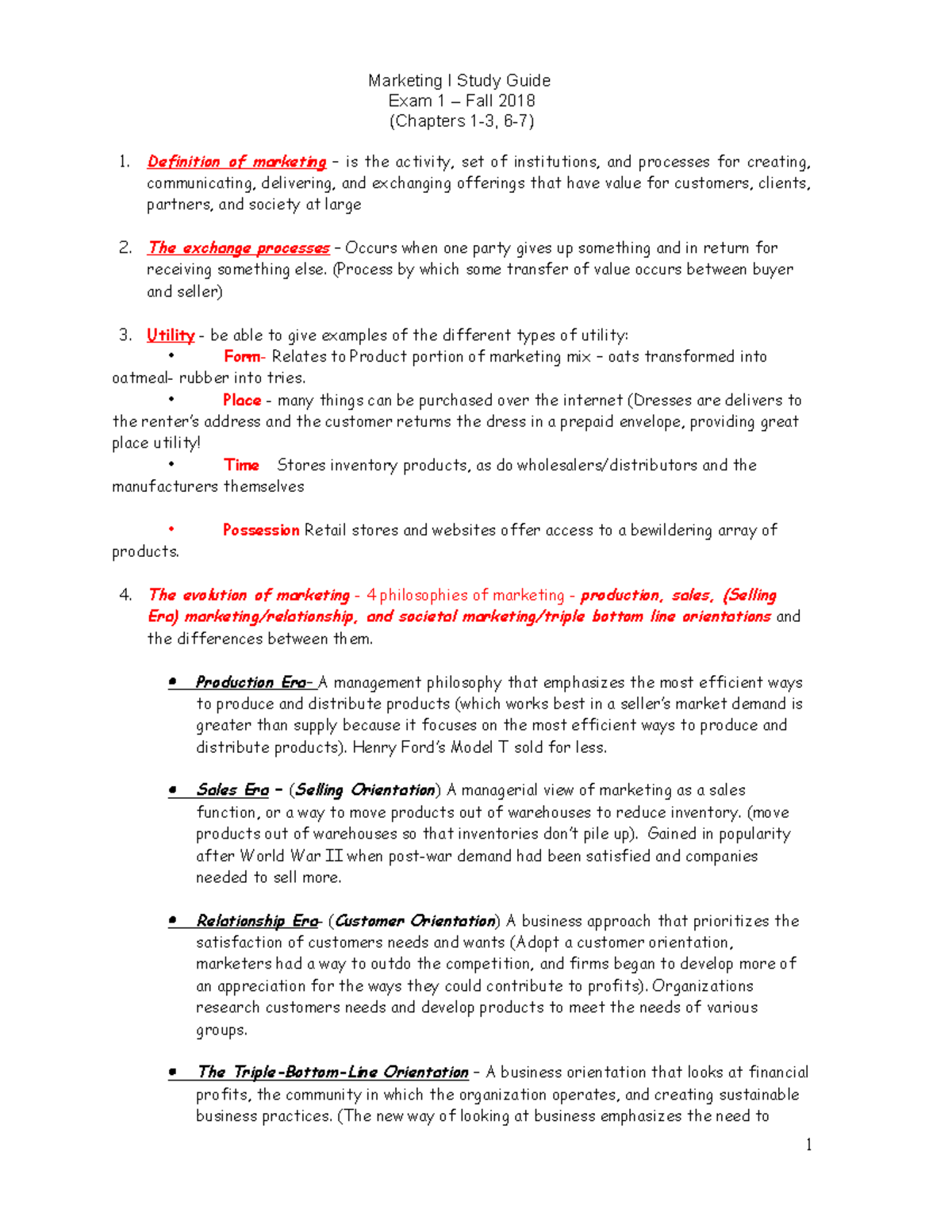 Marketing study guide exam 1 ch1-3 6-7 Solomon F18 - Marketing I Study ...