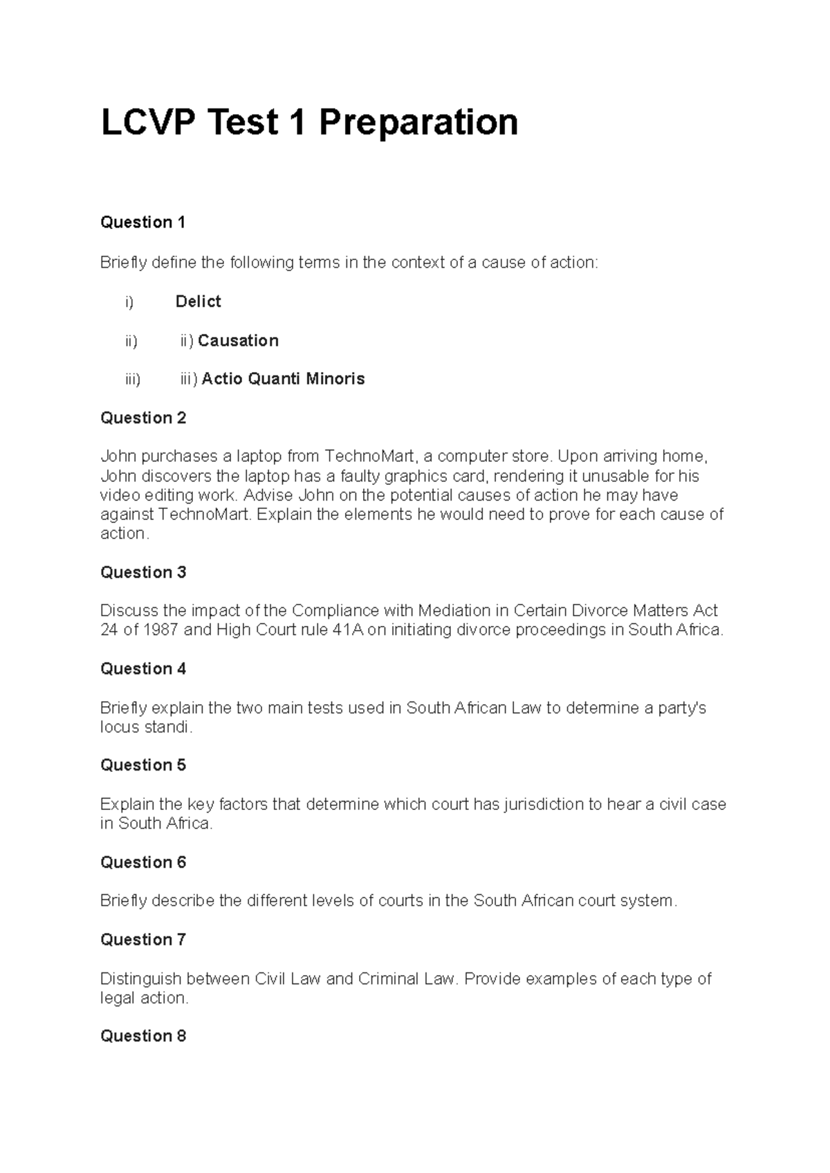 LCVP Test 1 Preparation - LCVP Test 1 Preparation Question 1 Briefly ...