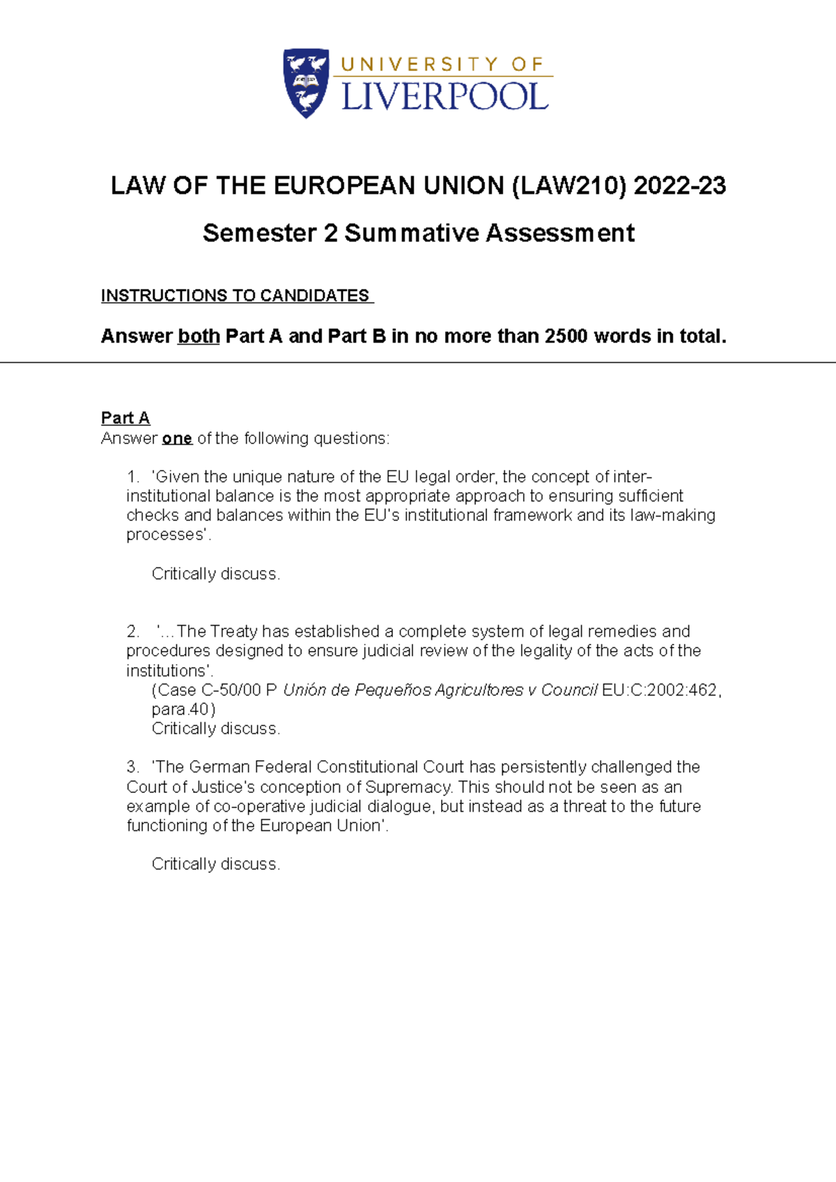 EU Coursework Question - LAW OF THE EUROPEAN UNION (LAW210) 2022 ...