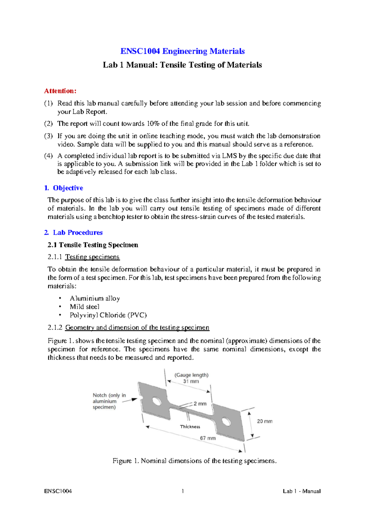 Lab 1 - Manual - ENSC1004 Engineering Materials Lab 1 Manual: Tensile ...