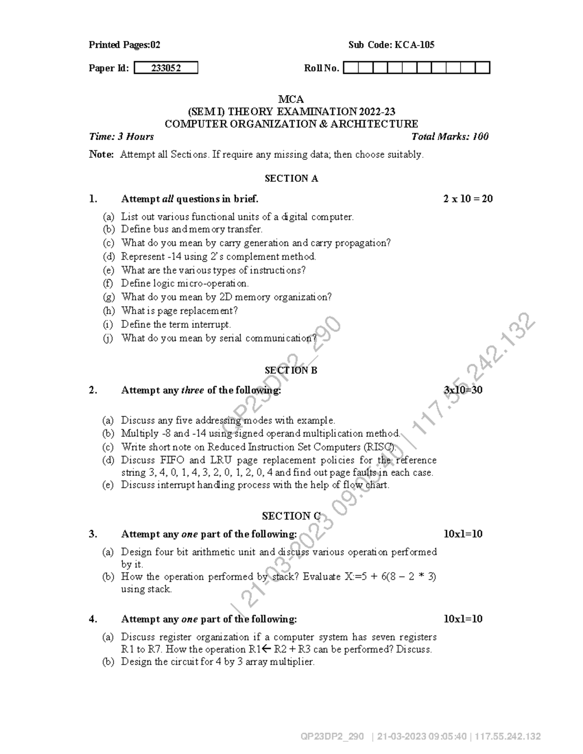 Mca 1 sem computer organization architecture kca 105 2023 - QP23DP2 ...