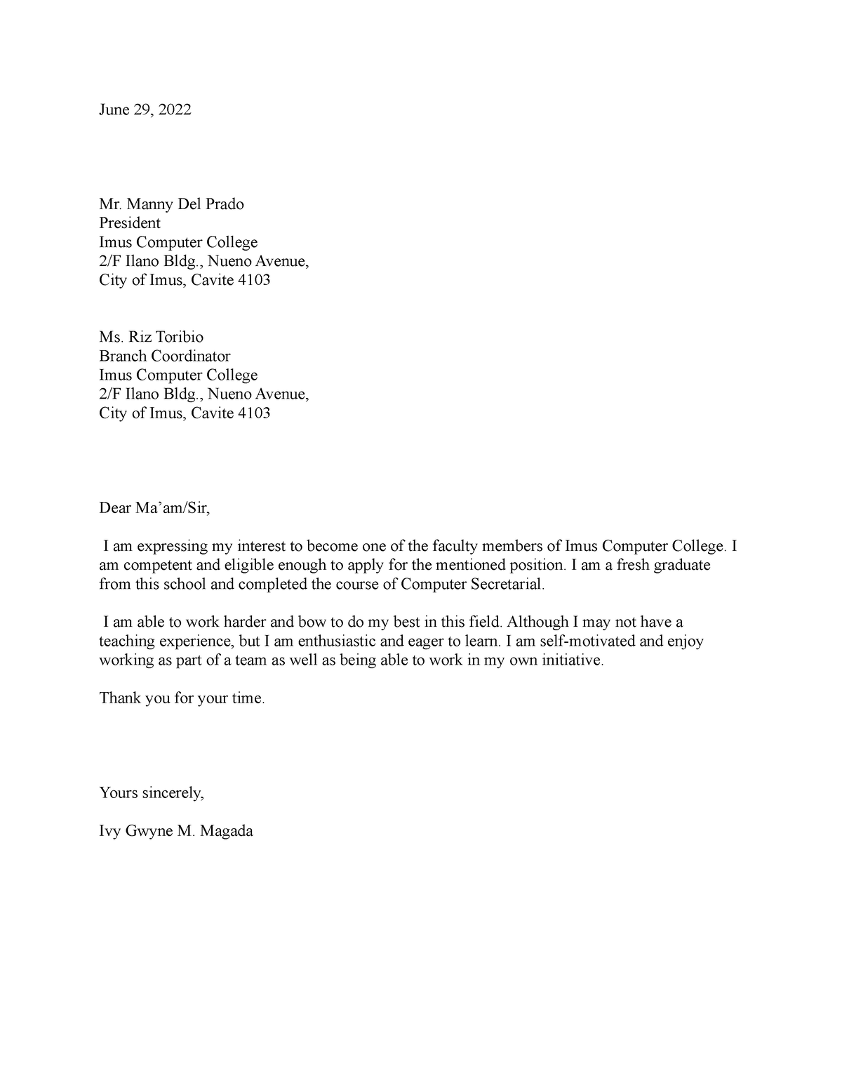 Application Letter - applying a job - June 29, 2022 Mr. Manny Del Prado ...