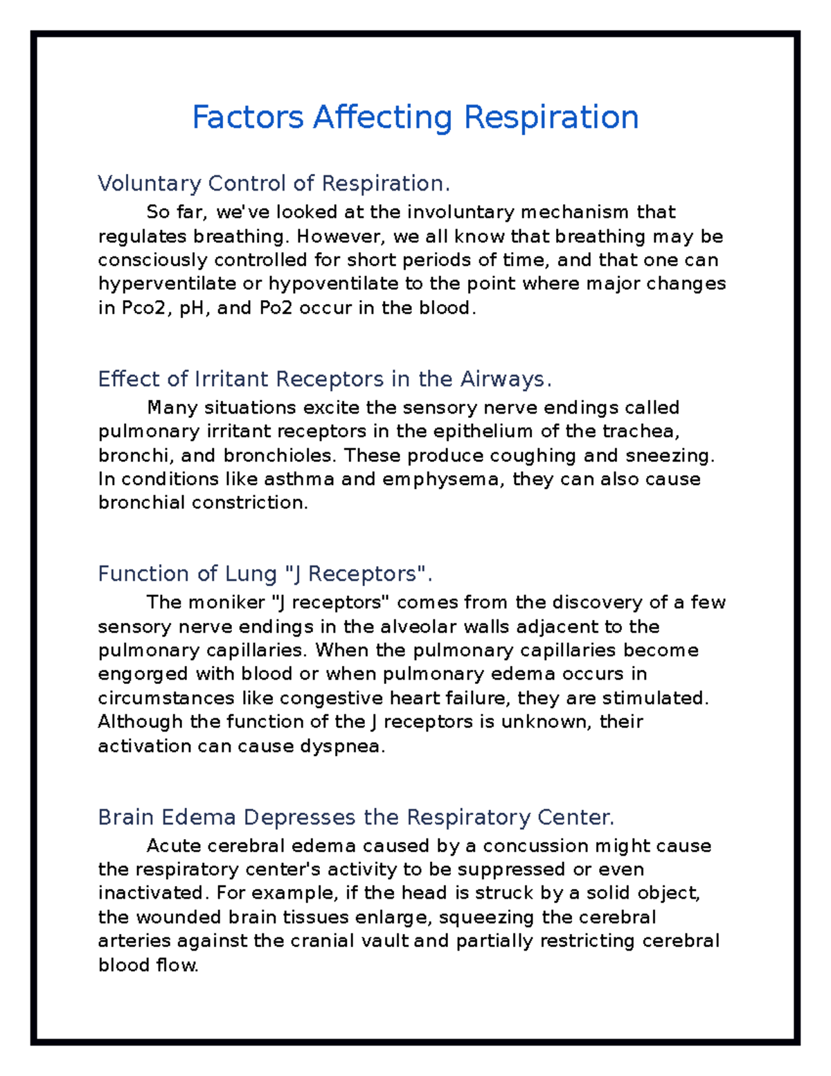 Factors Affecting Respiration - Human Physiology - Studocu