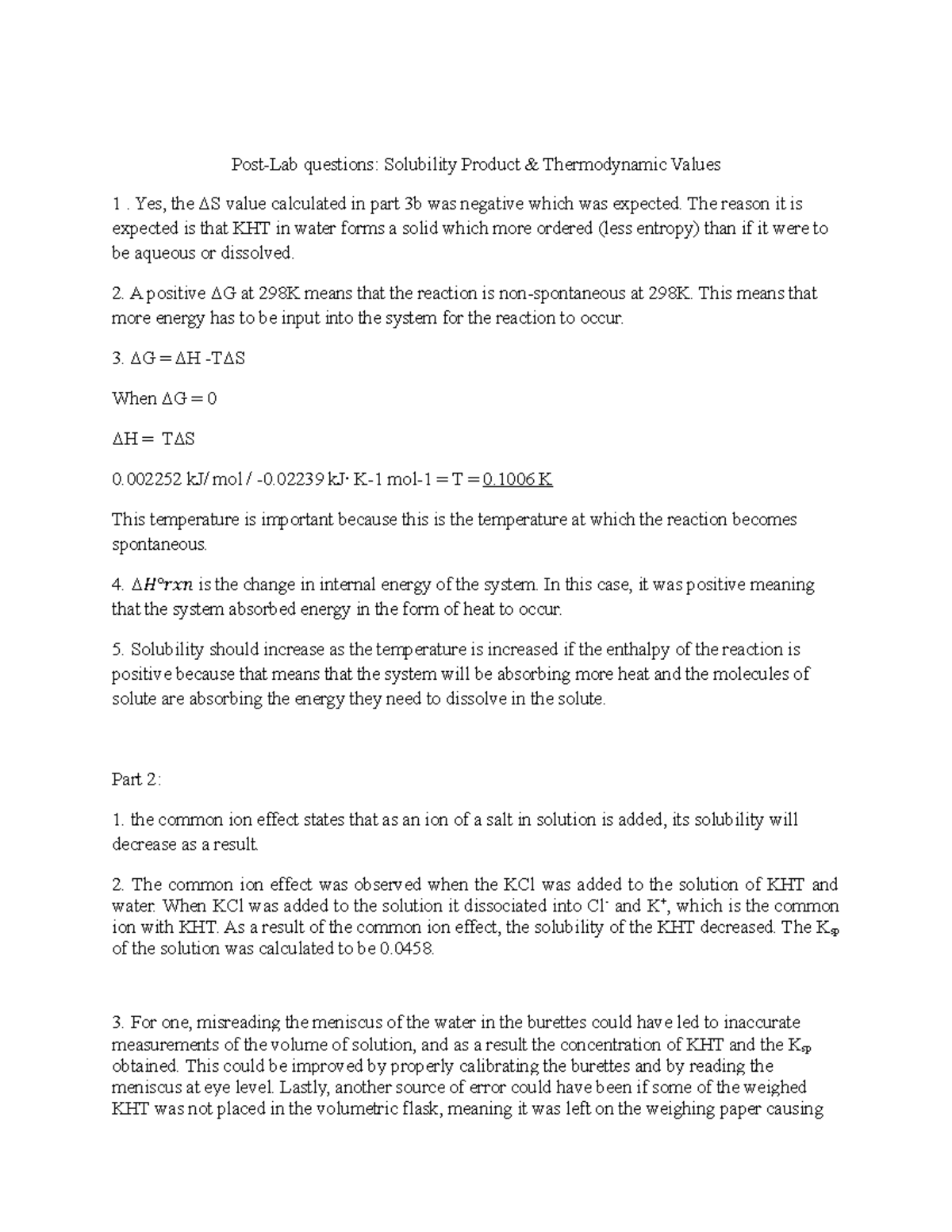 Postlab - Post-lab Questions: Solubility Product & Thermodynamic Values 