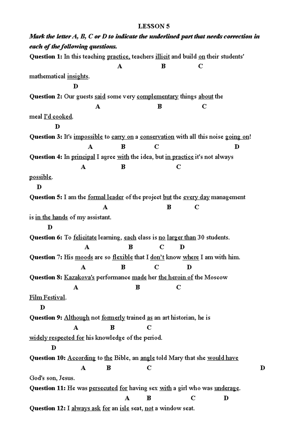 Lesson 5 phát âm - LESSON 5 Mark the letter A, B, C or D to indicate ...