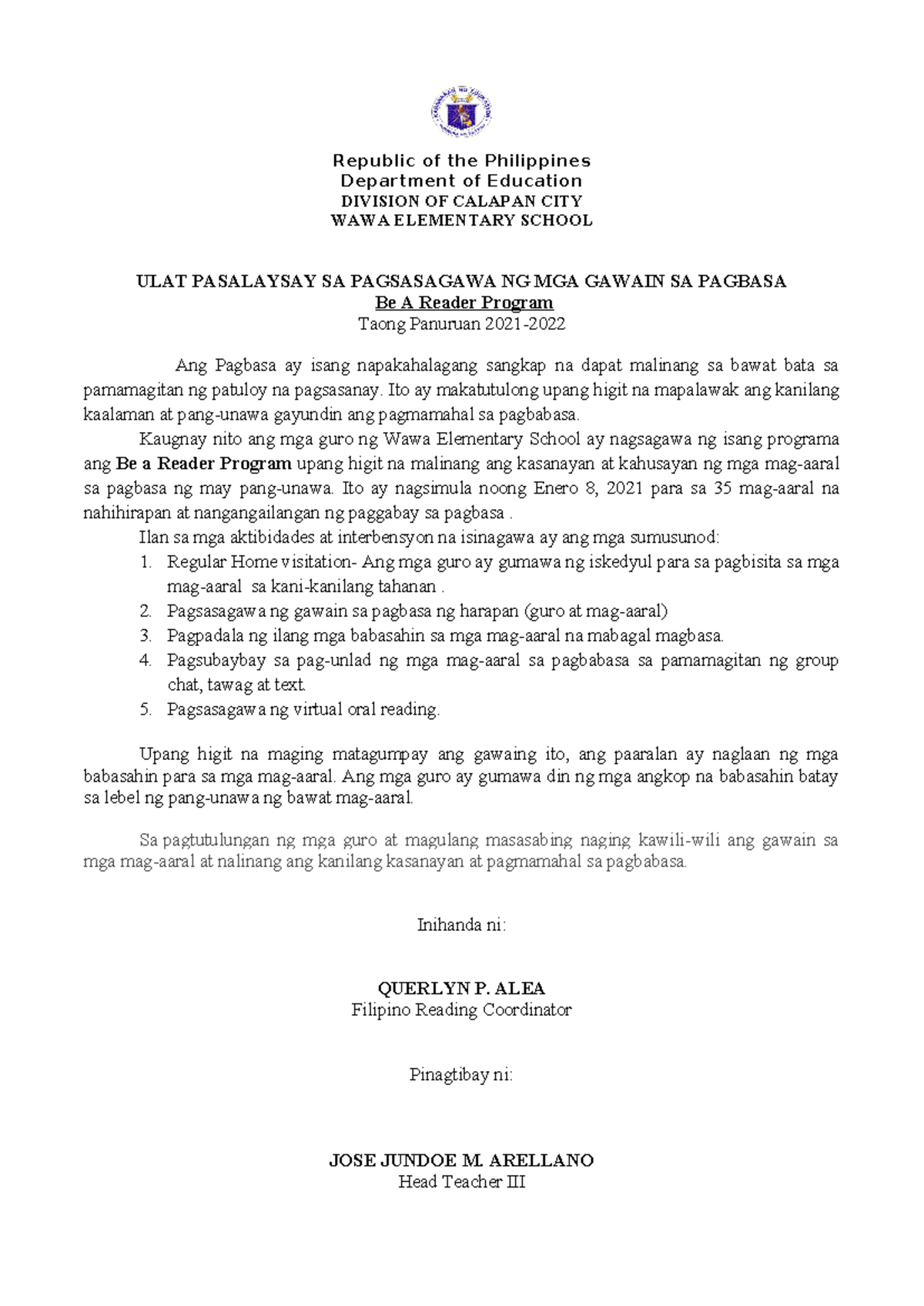 Narrative Report - BEAR Filipino - Republic of the Philippines ...