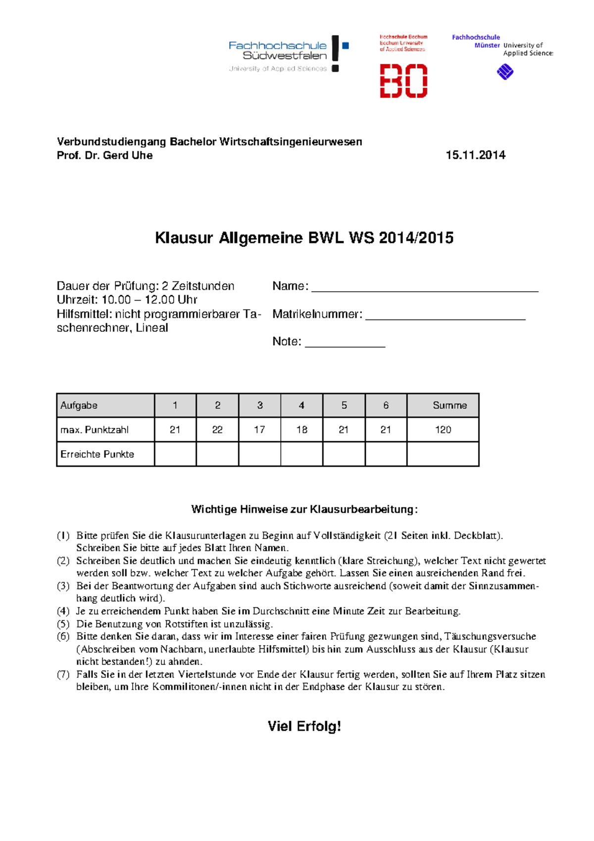 Allgbwl Klausur Grundlagen Prof Dr Gerd Uhe Klausur