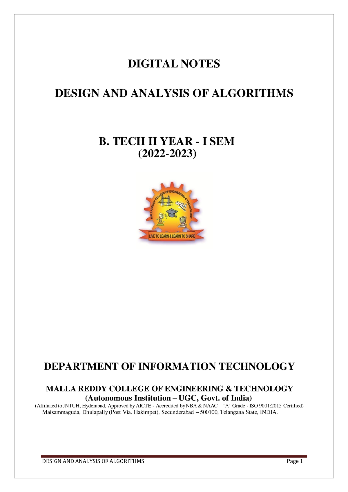 Design AND Analysis OF Algorithms - DIGITAL NOTES DESIGN AND ANALYSIS ...