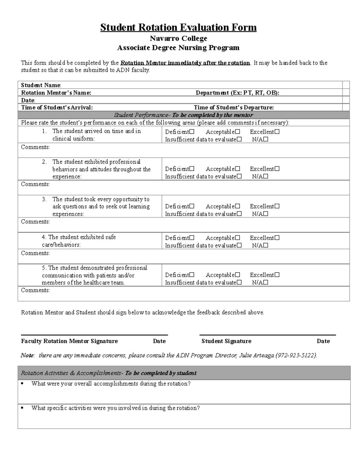 Out-Rotation Evaluation - It may be handed back to the student so that ...