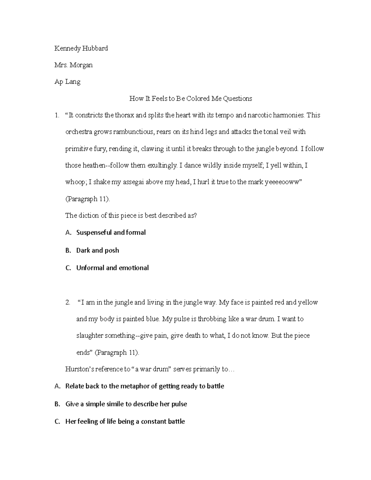 How it Feels to be Colored me - Kennedy Hubbard Mrs. Morgan Ap Lang How ...