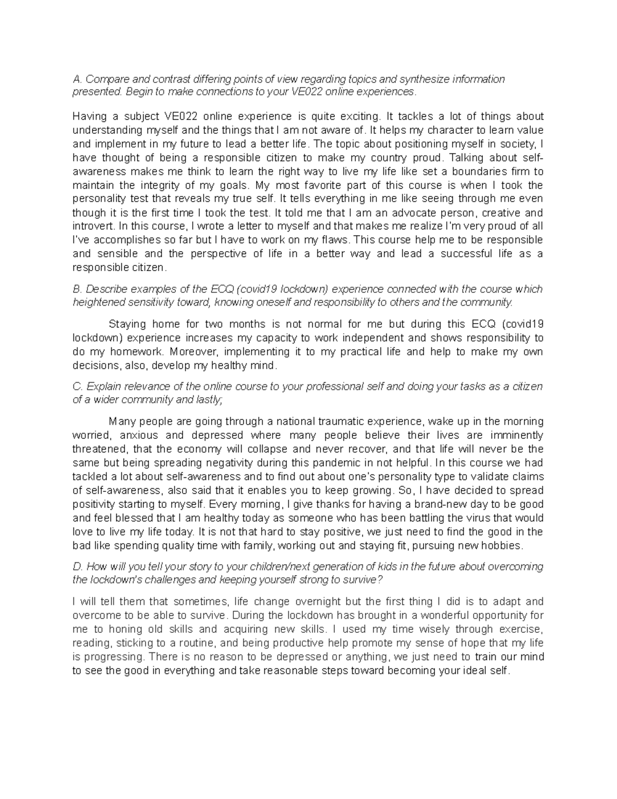 VE022 Final Reflection - A. Compare and contrast differing points of ...