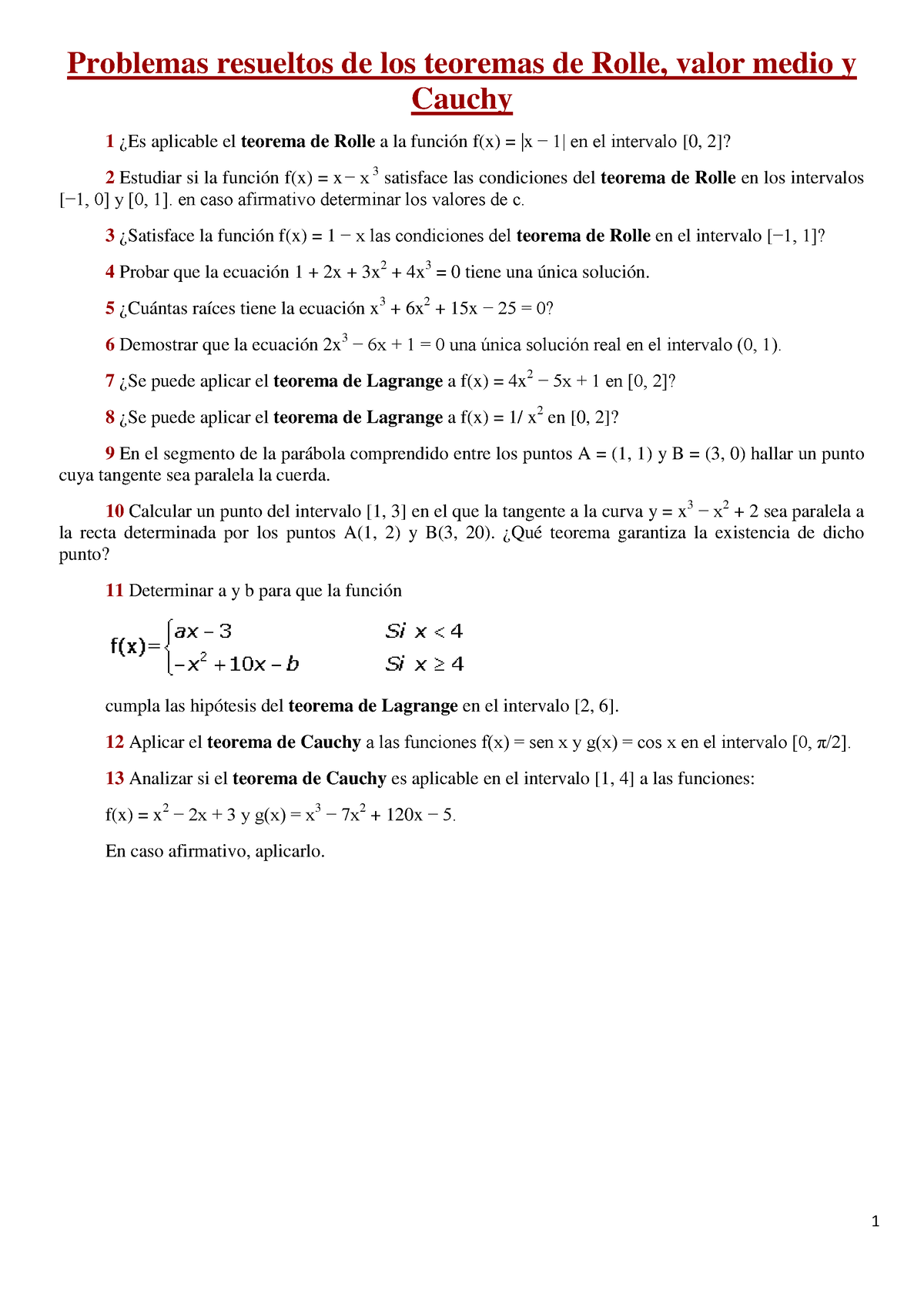 Ejercicios De Teorema De Funciones Derivables Y Continuas - 1 ¿Es ...