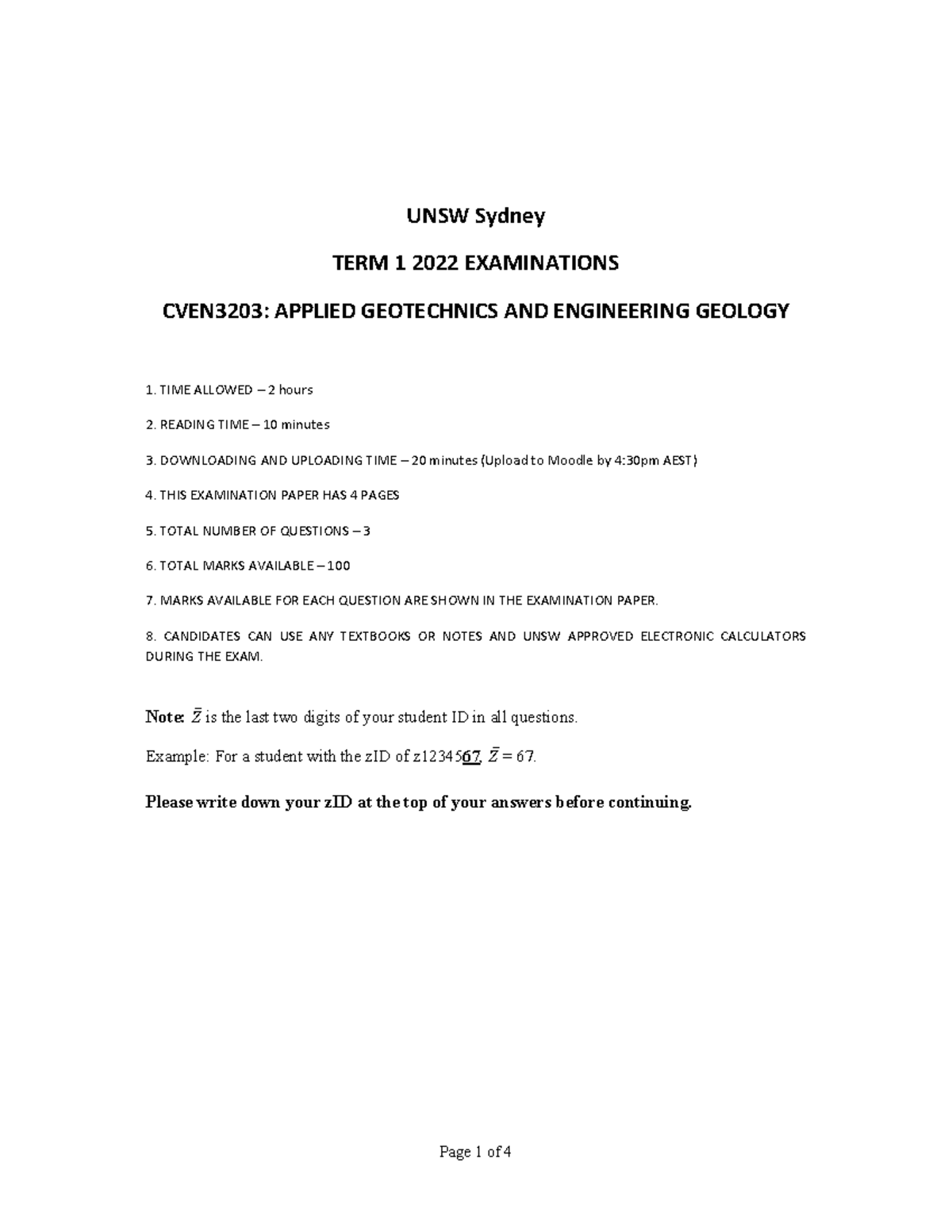 Trimester 1 2022 CVEN3203 Final Exam - UNSW Sydney TERM 1 2022 ...