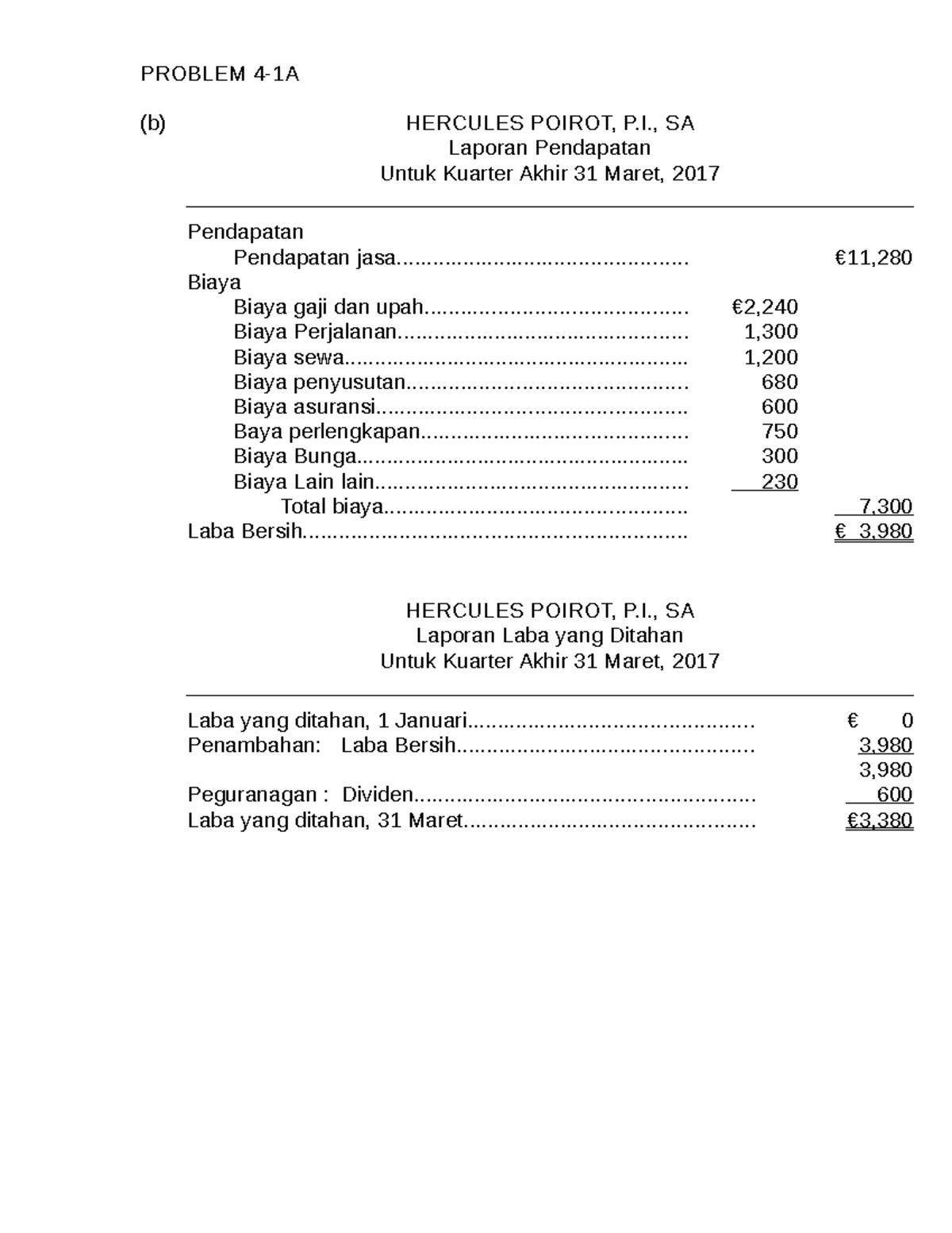 P 4 1a - P4-1a - PROBLEM 4-1A (b) HERCULES POIROT, P., SA Laporan ...