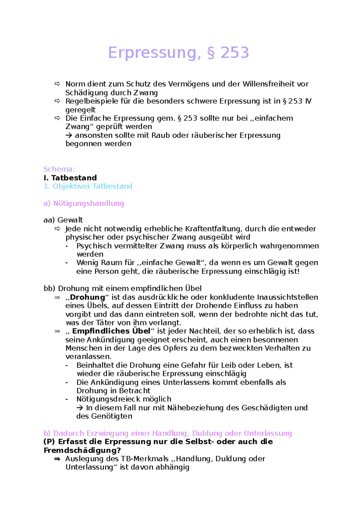 Erpressung, § 253 - Schema - Erpressung, § 253 Norm Dient Zum Schutz ...