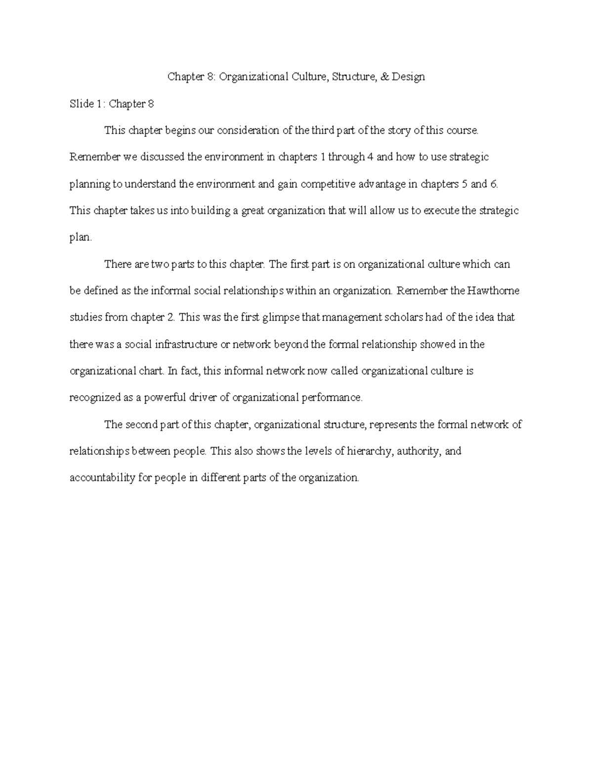 Chapter 8 Culture and Structure Notes - Chapter 8: Organizational ...