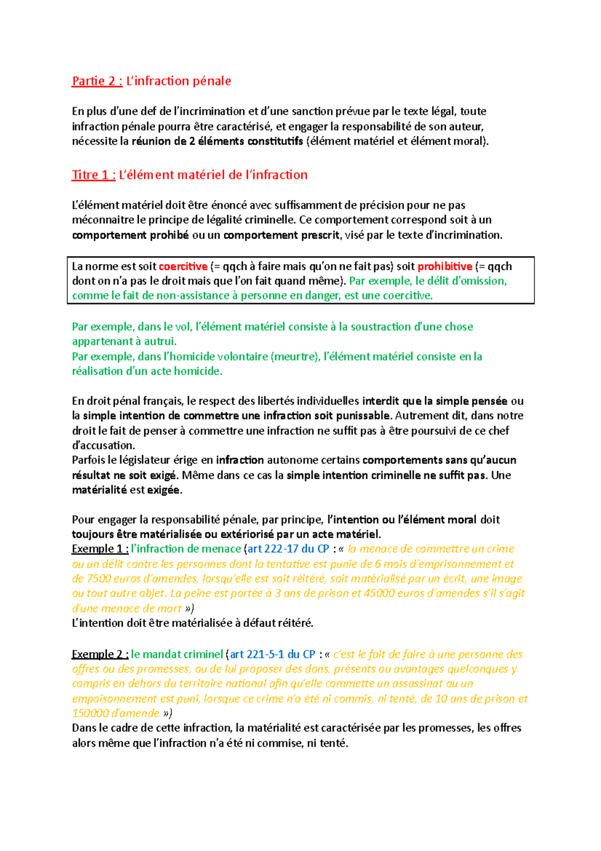 Chapitre 1 - Partie 2 : L’infraction pénale En plus d’une def de l ...