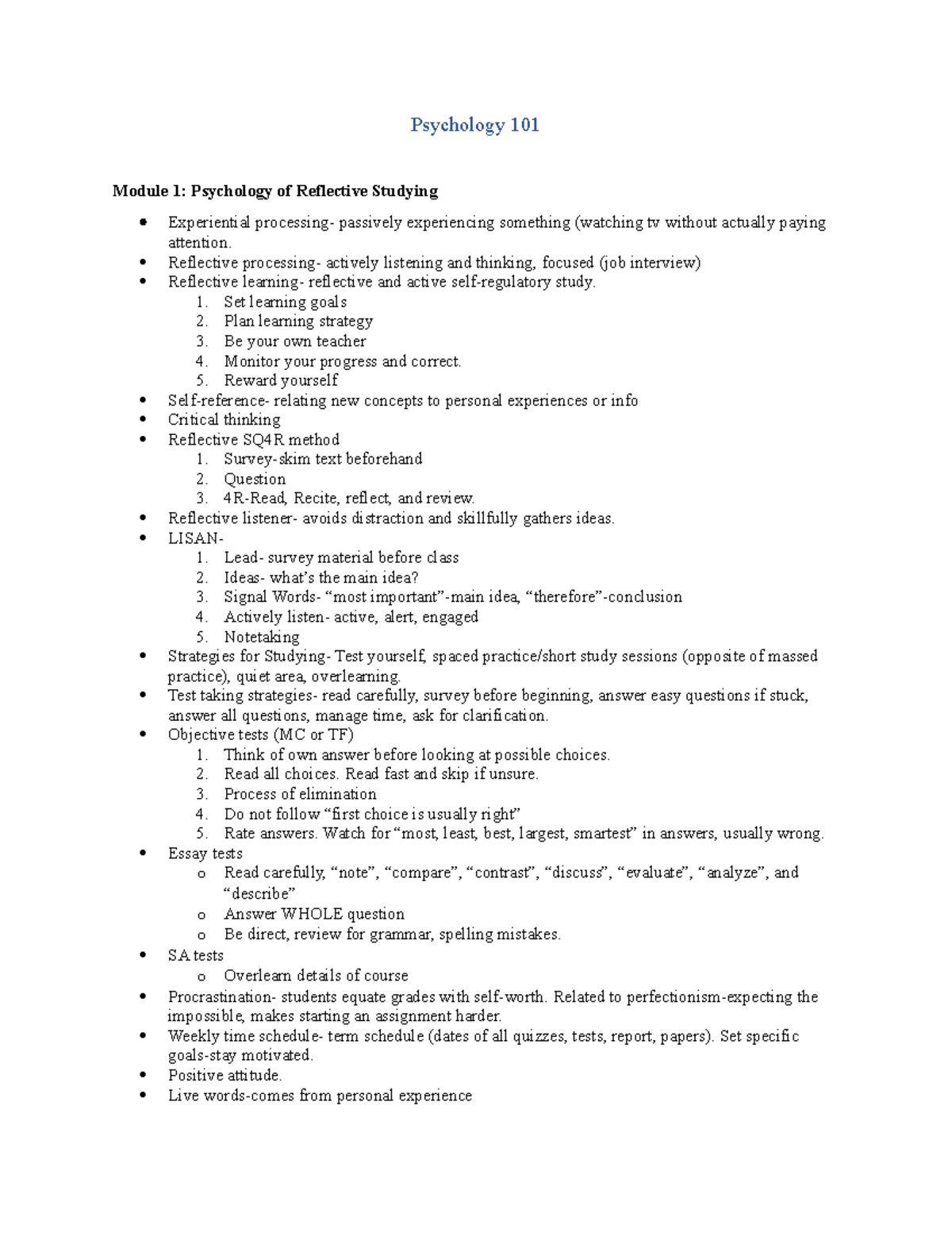 Psychology 101 - Psychology 101 Module 1: Psychology of Reflective ...
