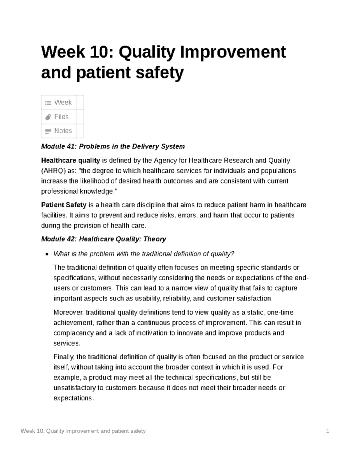 Week 10 Quality Improvement and patient safety - Week 10: Quality ...