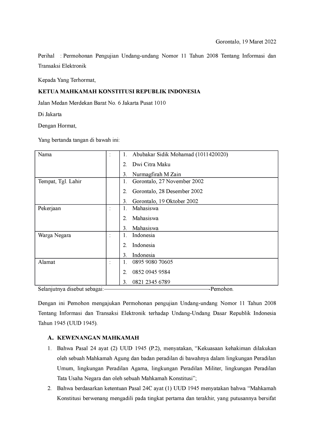 Gorontalo - knknk - Gorontalo, 19 Maret 2022 Perihal : Permohonan ...