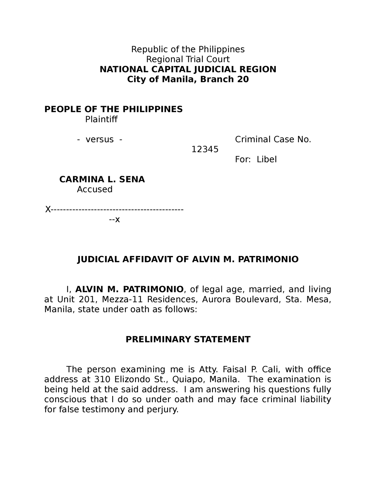 Judicial Affidavit Sample Republic Of The Philippines Regional Trial Court National Capital 8278