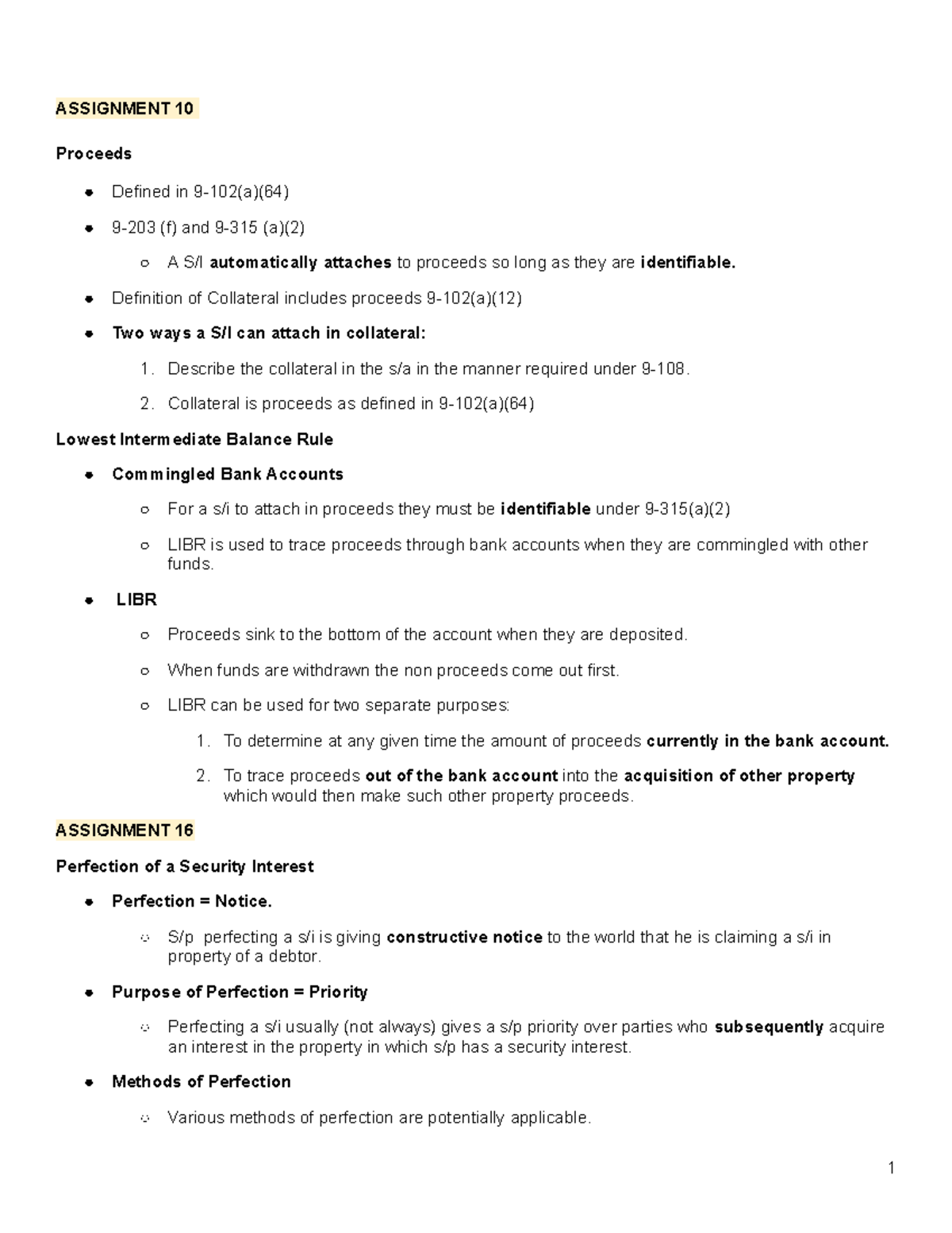Finals Outline for Secured Transactions ASSIGNMENT 10 Proceeds